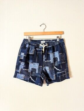 WeWoreWhat Denim Patchwork Boyfriend Swim Shorts